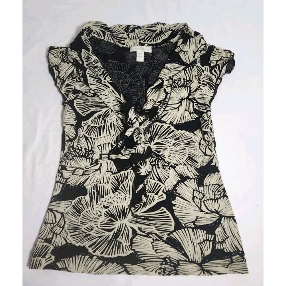 Weston Wear Black Floral Pattern V Neck Top, Small Ruffled Neckline